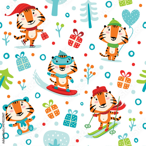 Christmas pattern with year 2022 symbol. Cheerful tigers.