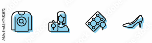 Set line Packaging of birth control pills, Feminist shirt, activist and Woman shoe icon. Vector