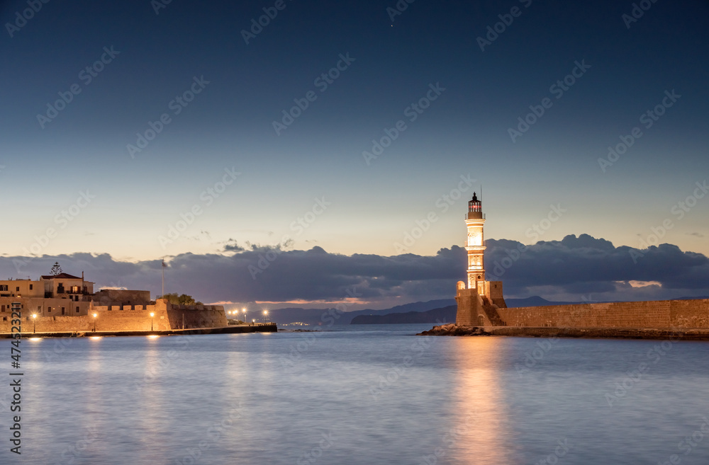The  lighthouse of the old Venetian harbor of Chania, Crete, Greece. One of the oldest lighthouses in the world