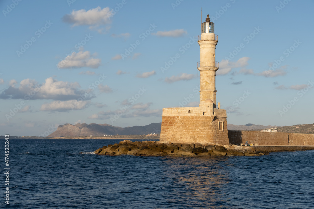 The  lighthouse of the old Venetian harbor of Chania, Crete, Greece. One of the oldest lighthouses in the world