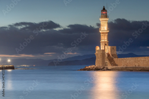 The lighthouse of the old Venetian harbor of Chania, Crete, Greece. One of the oldest lighthouses in the world