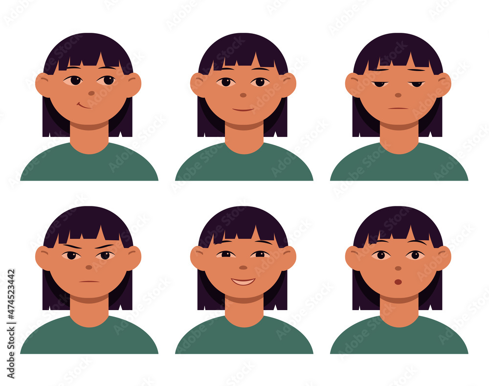 Different emotions: sad, happy, laughing, angry, surprised, smiling. Set of emotions avatars in cartoon style. Different emotions: sad, happy, laughing, angry, surprised, smiling. Set of emotions avatars in cartoon style.