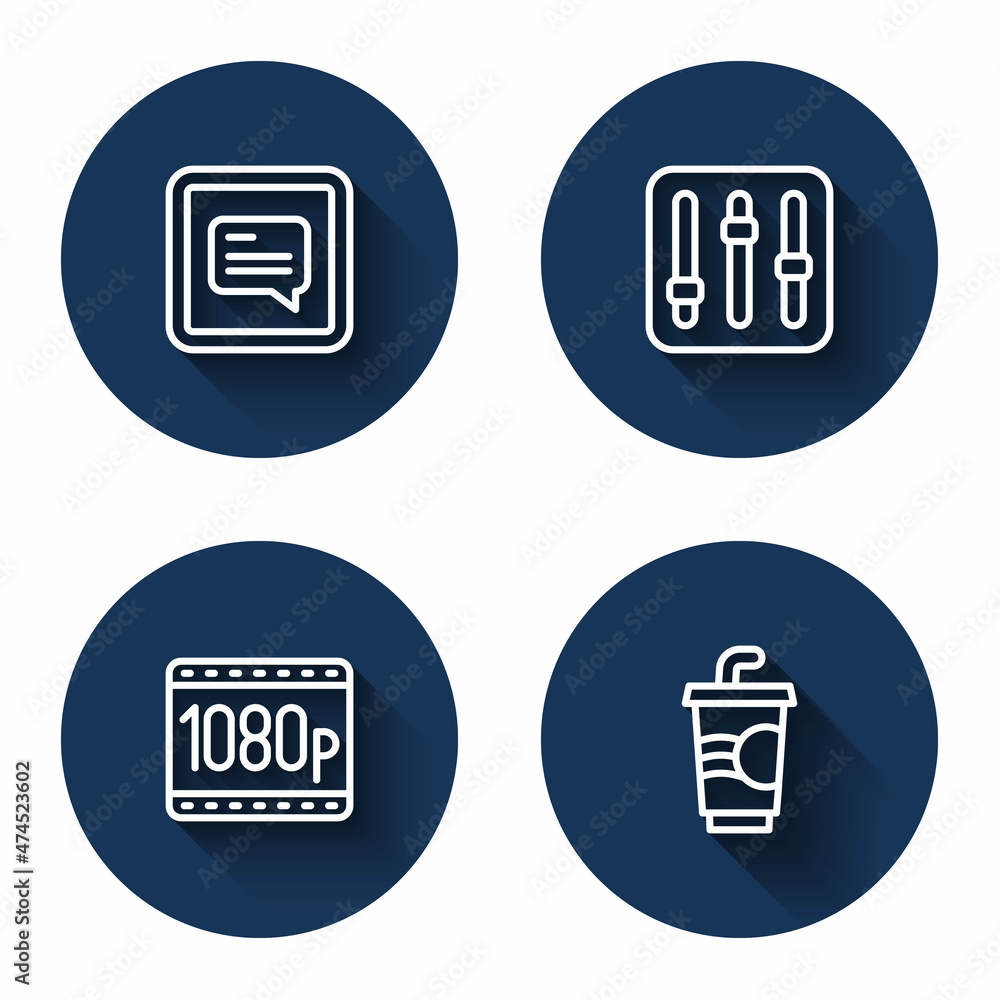 Set line Video with subtitles, Sound mixer controller, Full HD 1080p and Paper glass water with long shadow. Blue circle button. Vector