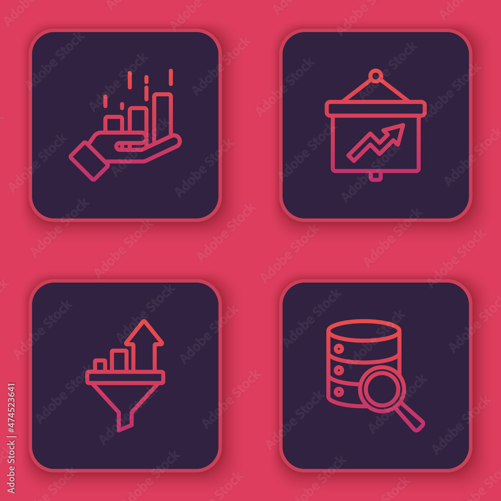 Set line Financial growth, Sales funnel with chart, Board graph and Server. Blue square button. Vector Set line Financial growth, Sales funnel with chart, Board graph and Server. Blue square button. Vector