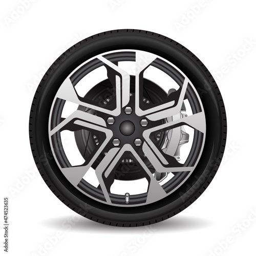 Aluminum wheel car tire style racing black grey disk break on white background vector