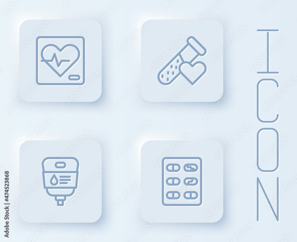 Set line Heart rate, Test tube with blood, IV bag and Pills in blister pack. White square button. Vector Set line Heart rate, Test tube with blood, IV bag and Pills in blister pack. White square button. Vector