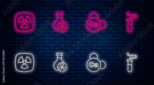 Set line Test tube with toxic liquid, Mineral Ca Calcium, Radioactive and . Glowing neon icon on brick wall. Vector