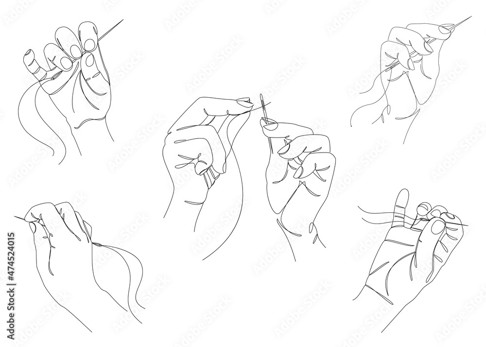 Collection. Silhouettes of hands of a man with a needle threading the eye of a needle in a modern style in one line. Solid line, sketches, posters, murals, stickers, logo. Vector illustration set. Collection. Silhouettes of hands of a man with a needle threading the eye of a needle in a modern style in one line. Solid line, sketches, posters, murals, stickers, logo. Vector illustration set.