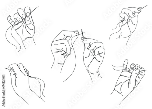 Collection. Silhouettes of hands of a man with a needle threading the eye of a needle in a modern style in one line. Solid line, sketches, posters, murals, stickers, logo. Vector illustration set.