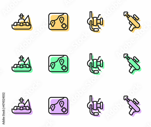 Set line Spinning reel for fishing, Fisherman boat, Location and Fishing harpoon icon. Vector