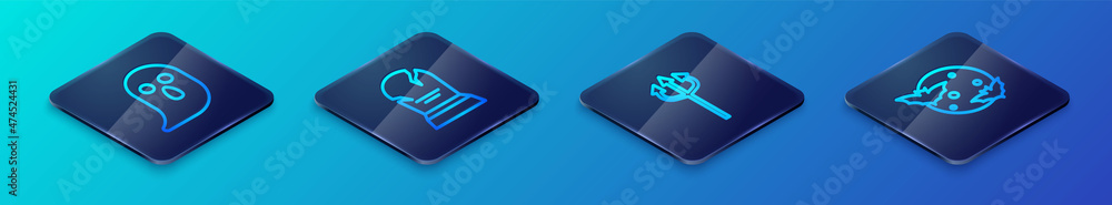 Set Isometric line Trident devil, Ghost, Moon and stars and Tombstone with RIP written icon. Vector Set Isometric line Trident devil, Ghost, Moon and stars and Tombstone with RIP written icon. Vector