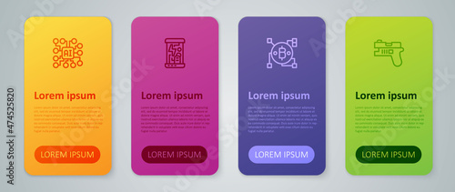 Set line Blockchain technology Bitcoin, Futuristic weapon, Neural network and Cryogenic capsules. Business infographic template. Vector