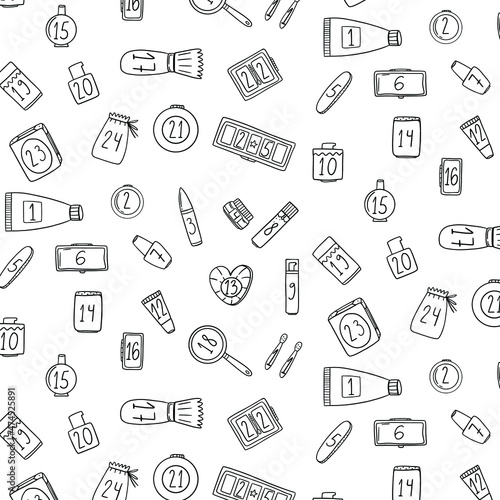 Advent cosmetic pattern. Beauty countdown calendar pattern for gift wrap