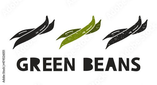 Green beans, silhouette icons set with lettering. Imitation of stamp, print with scuffs. Simple black shape and color vector illustration. Hand drawn isolated elements on white background