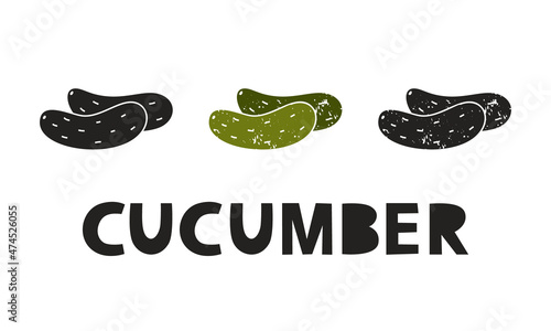 Cucumber, silhouette icons set with lettering. Imitation of stamp, print with scuffs. Simple black shape and color vector illustration. Hand drawn isolated elements on white background