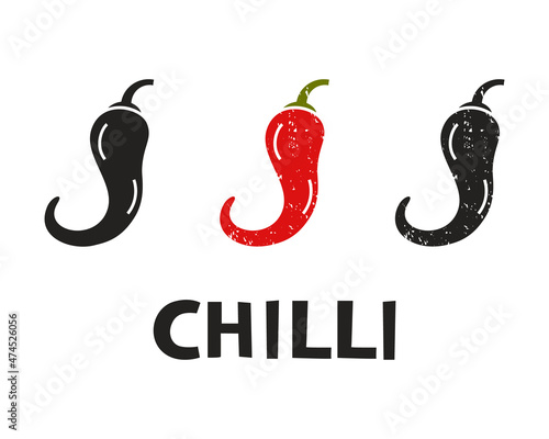 Chilli pepper, silhouette icons set with lettering. Imitation of stamp, print with scuffs. Simple black shape and color vector illustration. Hand drawn isolated elements on white background