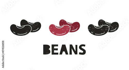 Red beans, silhouette icons set with lettering. Imitation of stamp, print with scuffs. Simple black shape and color vector illustration. Hand drawn isolated elements on white background