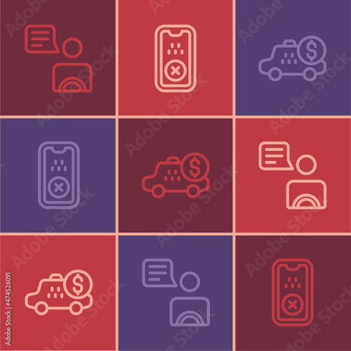Set line Taxi driver, Taximeter device and mobile app icon. Vector