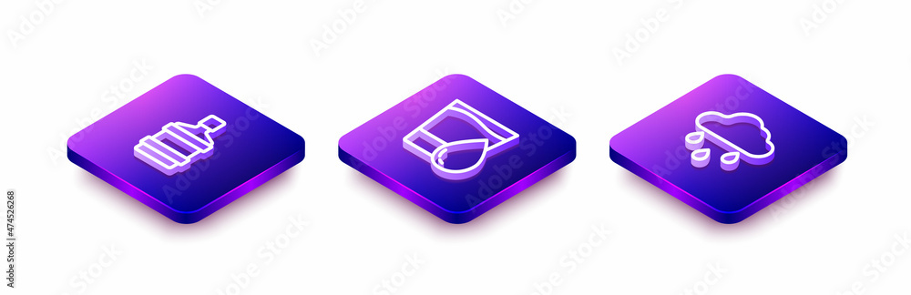 Set Isometric line Big bottle with clean water, Glass and Cloud rain icon. Vector Set Isometric line Big bottle with clean water, Glass and Cloud rain icon. Vector