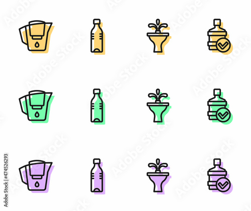 Set line Fountain  Water jug with filter  Bottle of water and Big bottle clean icon. Vector