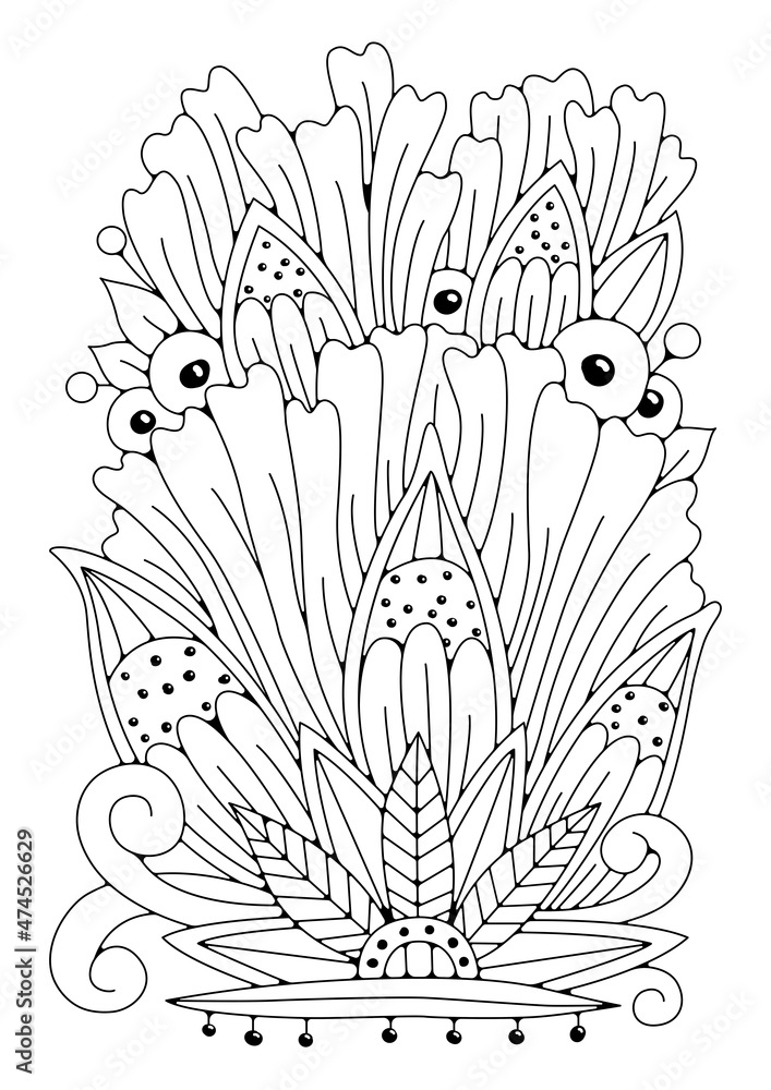 Floral ornament coloring page. Art therapy for children and adults. Black-white flowers background for coloring.