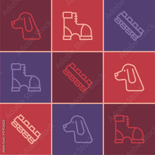 Set line Hunting dog, cartridge belt and Hunter boots icon. Vector