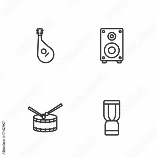 Set line African djembe drum, Drum with sticks, Bandura and Stereo speaker icon. Vector