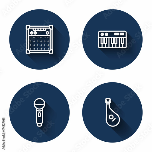 Set line Guitar amplifier, Music synthesizer, Microphone and Bandura with long shadow. Blue circle button. Vector