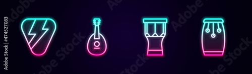 Set line Guitar pick, Mandolin, African percussion drum and Conga drums. Glowing neon icon. Vector
