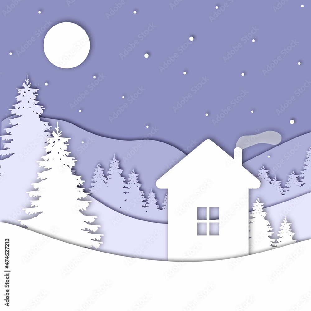 Naklejka premium House in forest in the winter season with trees and snow. Paper cut style. New Year and Merry Christmas card. Vector illustration.