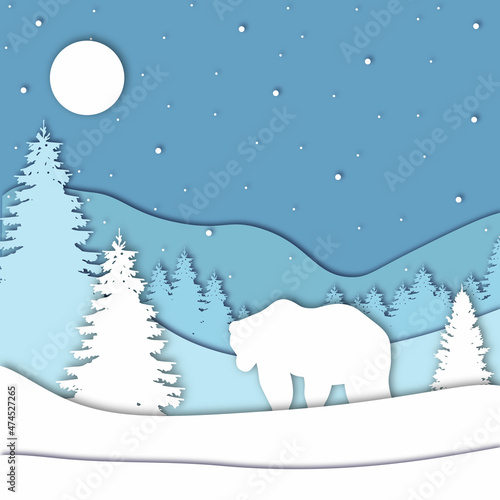 Bear in forest in the winter season with trees and snow. Paper cut style. Merry Christmas card. Vector illustration.
