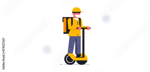 A courier in a medical mask riding an electric scooter delivers food to the address of the order. Bag, backpack, hoverboard, delivery man, safe delivery, coronavirus, virus. Vector illustration