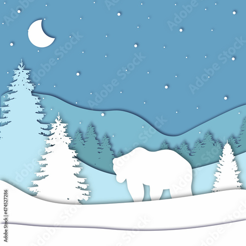 Bear in forest in the winter season with trees and snow. Paper cut style. Merry Christmas card. Vector illustration.
