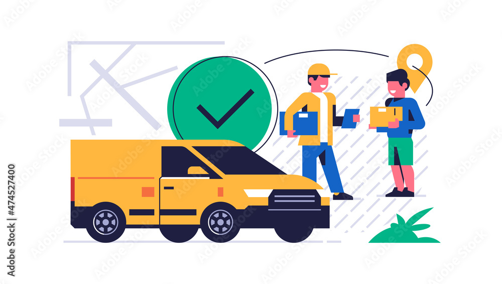 Online parcel delivery service concept. Online service for fast delivery of parcel to your home. The courier gave the box with the order to the boy. Yellow courier car, street map on background.