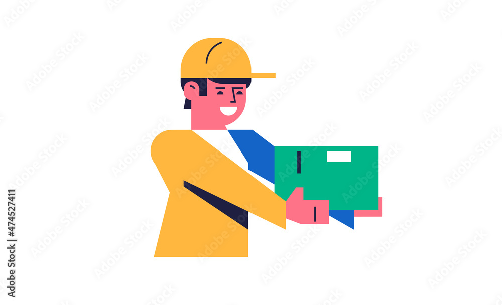 Happy courier delivering parcels. Delivery of parcels from a courier in uniform. Happy man with an order box in his hands. Flat vector illustration isolated on background Happy courier delivering parcels. Delivery of parcels from a courier in uniform. Happy man with an order box in his hands. Flat vector illustration isolated on background