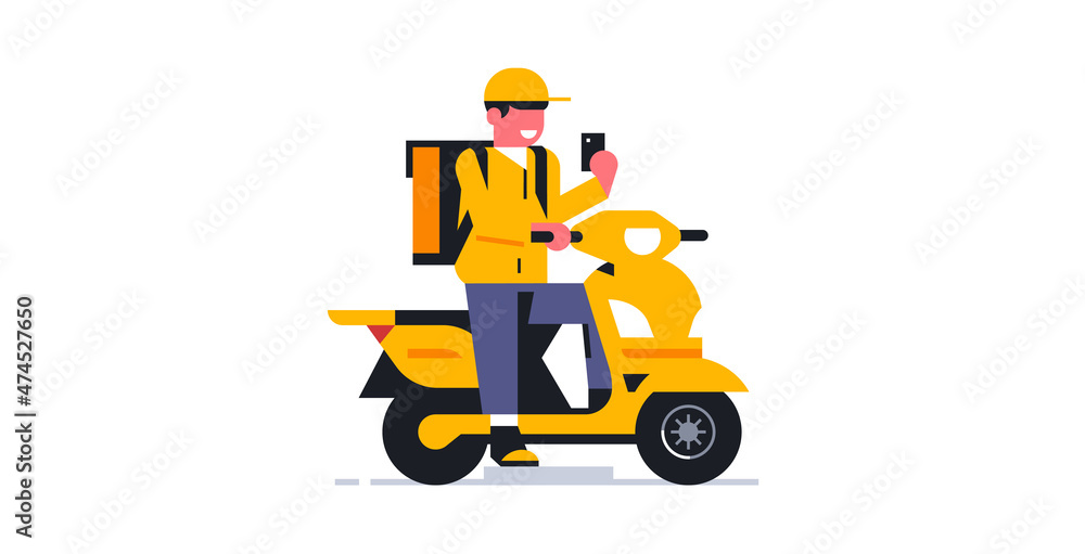 The courier accepts an order for delivery via a mobile application while sitting on a motorcycle. Online food delivery service to your home. Courier in working uniform, phone. Vector illustration The courier accepts an order for delivery via a mobile application while sitting on a motorcycle. Online food delivery service to your home. Courier in working uniform, phone. Vector illustration