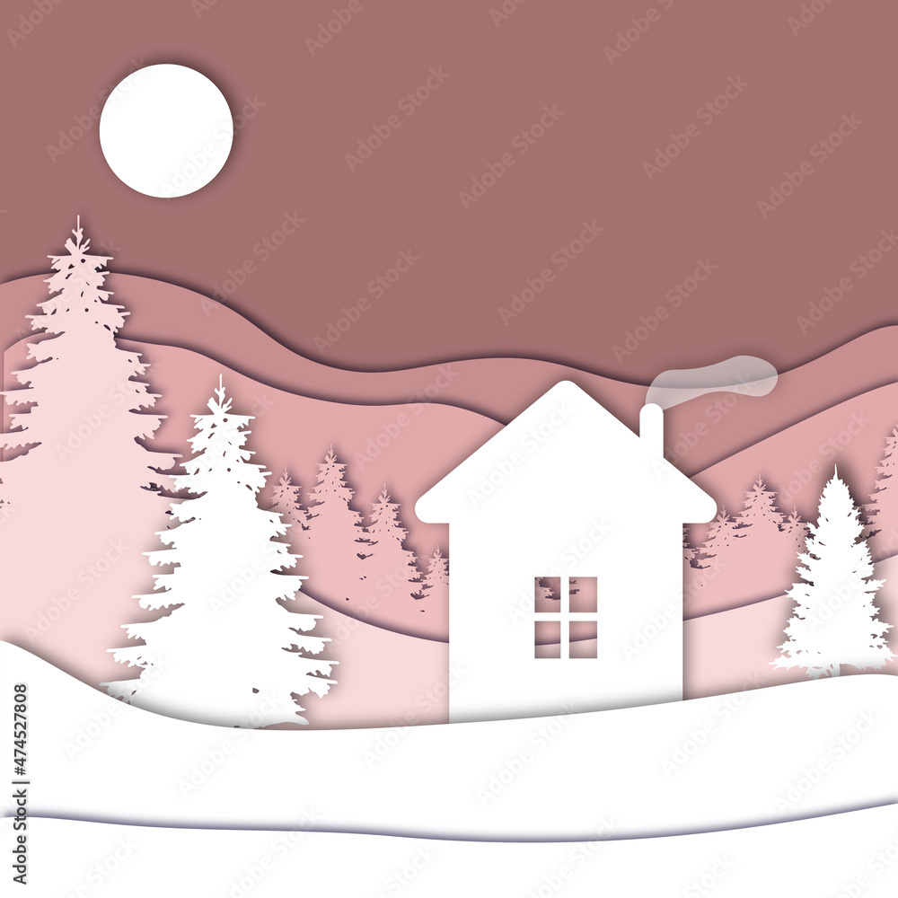 House in forest in the winter season with trees and snow. Paper cut style. New Year and Merry Christmas card. Vector illustration.
House in forest in the winter season with trees and snow. Paper cut style. New Year and Merry Christmas card. Vector illustration.