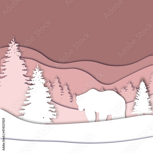 Bear in forest in the winter season with trees and snow. Paper cut style. Merry Christmas card. Vector illustration.

