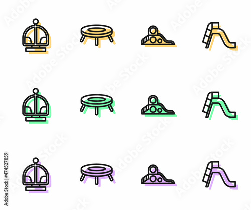 Set line Slide playground, Attraction carousel, Jumping trampoline and icon. Vector
