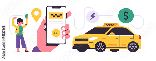 Taxi ordering service mobile application concept. A hand holding a phone with booking a taxi on the display. Woman with money, yellow car, line, pin, bolt, dollar, sign, icon. Flat vector illustration