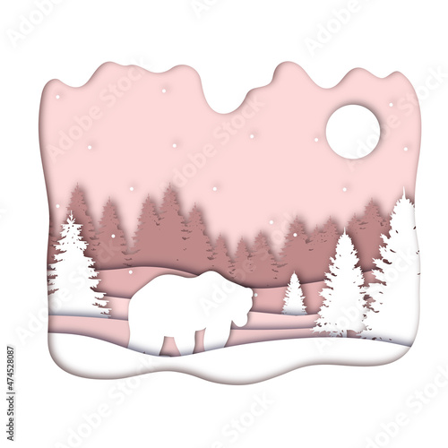 Bear in forest in the winter season with trees and snow as Paper art and digital craft style concept. Vector illustration.
