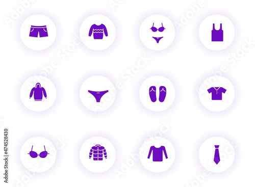 clothes purple color vector icons on light round buttons with purple shadow. clothes icon set for web, mobile apps, ui design and print