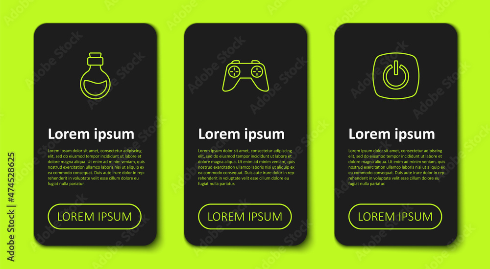 Set line Bottle with magic elixir, Game controller or joystick and Power button. Business infographic template. Vector