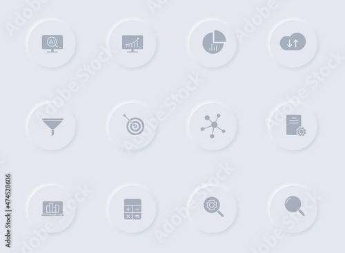 data analytics gray vector icons on round rubber buttons. data analytics icon set for web, mobile apps, ui design and promo business polygraphy