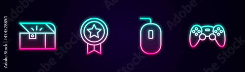 Set line Chest for game, Game rating with medal, Computer mouse and controller joystick. Glowing neon icon. Vector