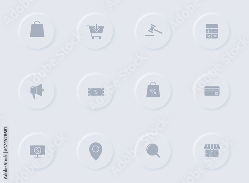 e commerce gray vector icons on round rubber buttons. e commerce icon set for web, mobile apps, ui design and promo business polygraphy