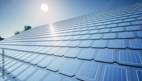3d rendering of solar or photovoltaic shingles in perspective on roof of home or house building. System technology to generate electrical power or direct current electricity by light at night.