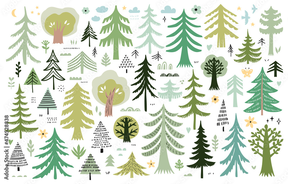 Obraz premium Vector set of tree and pine trees in scandinavian style. Forest elements.