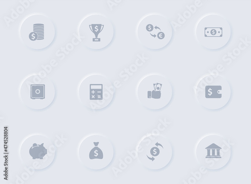 money and finance gray vector icons on round rubber buttons. money and finance icon set for web, mobile apps, ui design and promo business polygraphy