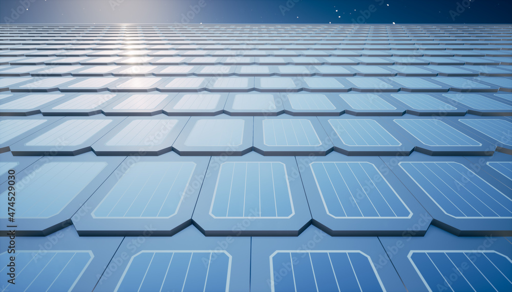 3d rendering of solar or photovoltaic shingles in perspective on roof of home or house building. System technology to generate electrical power or direct current electricity by light at night. 3d rendering of solar or photovoltaic shingles in perspective on roof of home or house building. System technology to generate electrical power or direct current electricity by light at night.
